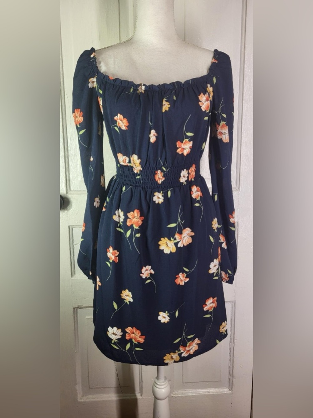 Soprano Floral Smocked Mini Dress - Deep Navy & Coral